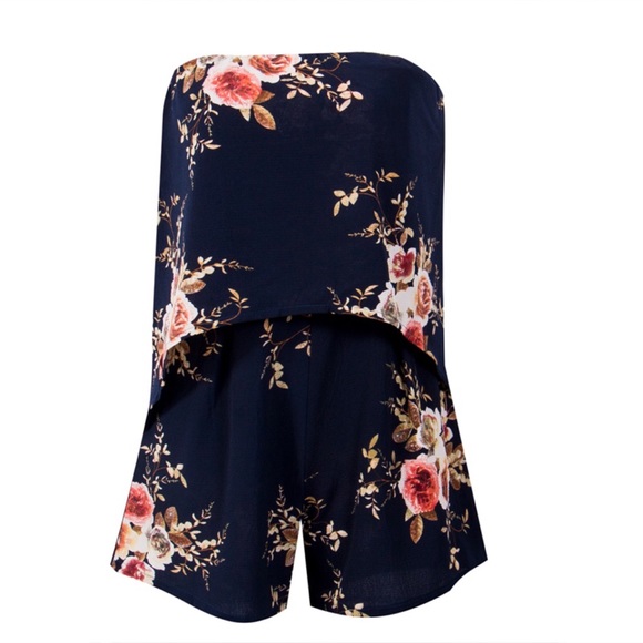 Strapless Overlay Split Back Navy Floral Romper - Picture 4 of 4